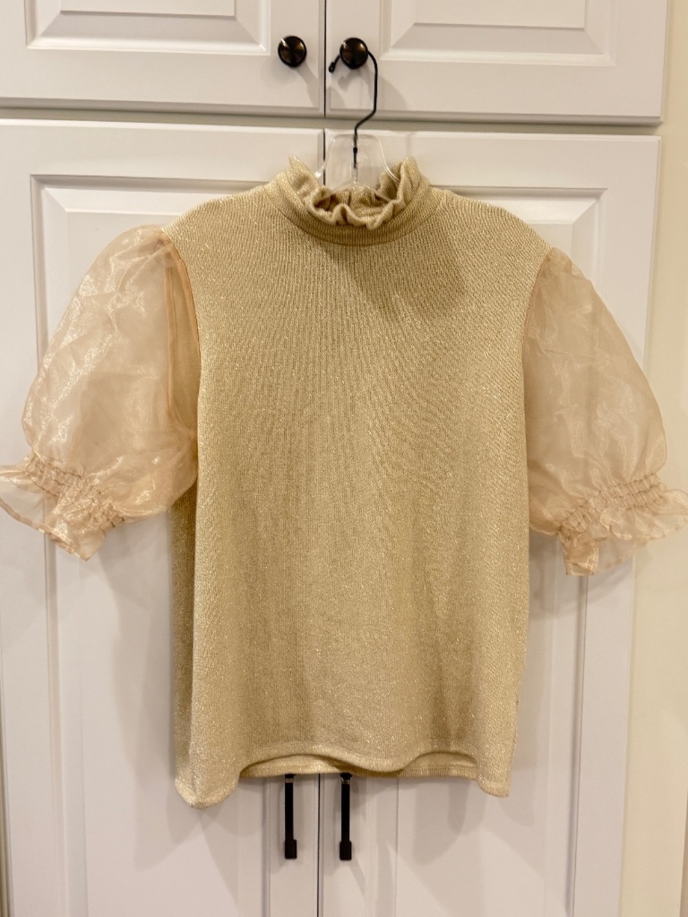 Shimmery Gold Knit Top with Puffed Organza Sleeves - Size M